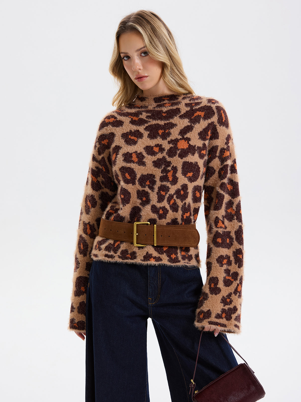 Loose Leopard Jacquard Fuzzy Sweater Cozy Winter Knitwear without Belt