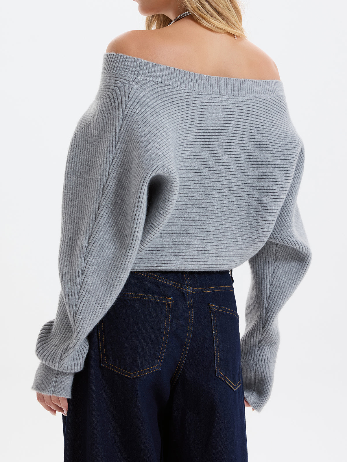 Asymmetric Off-Shoulder Ribbed Sweater Comfort Fit Cozy Knitwear
