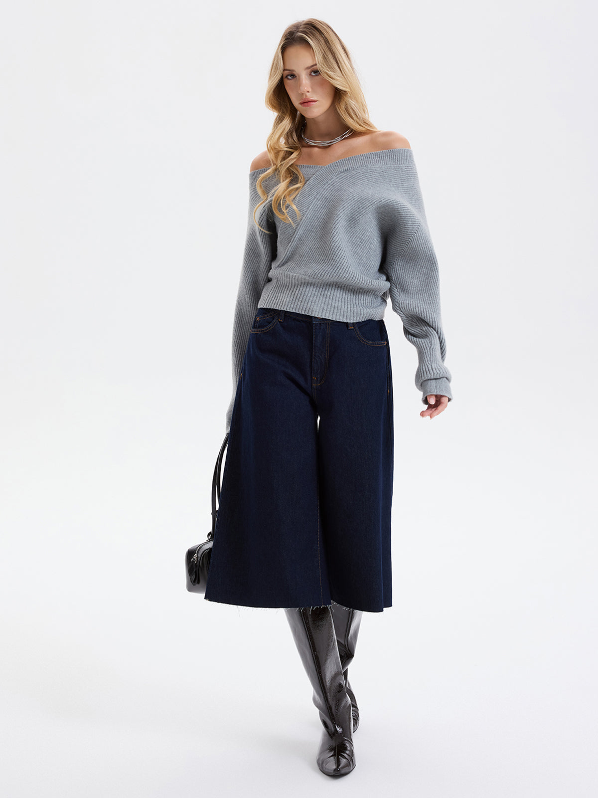 Asymmetric Off-Shoulder Ribbed Sweater Comfort Fit Cozy Knitwear