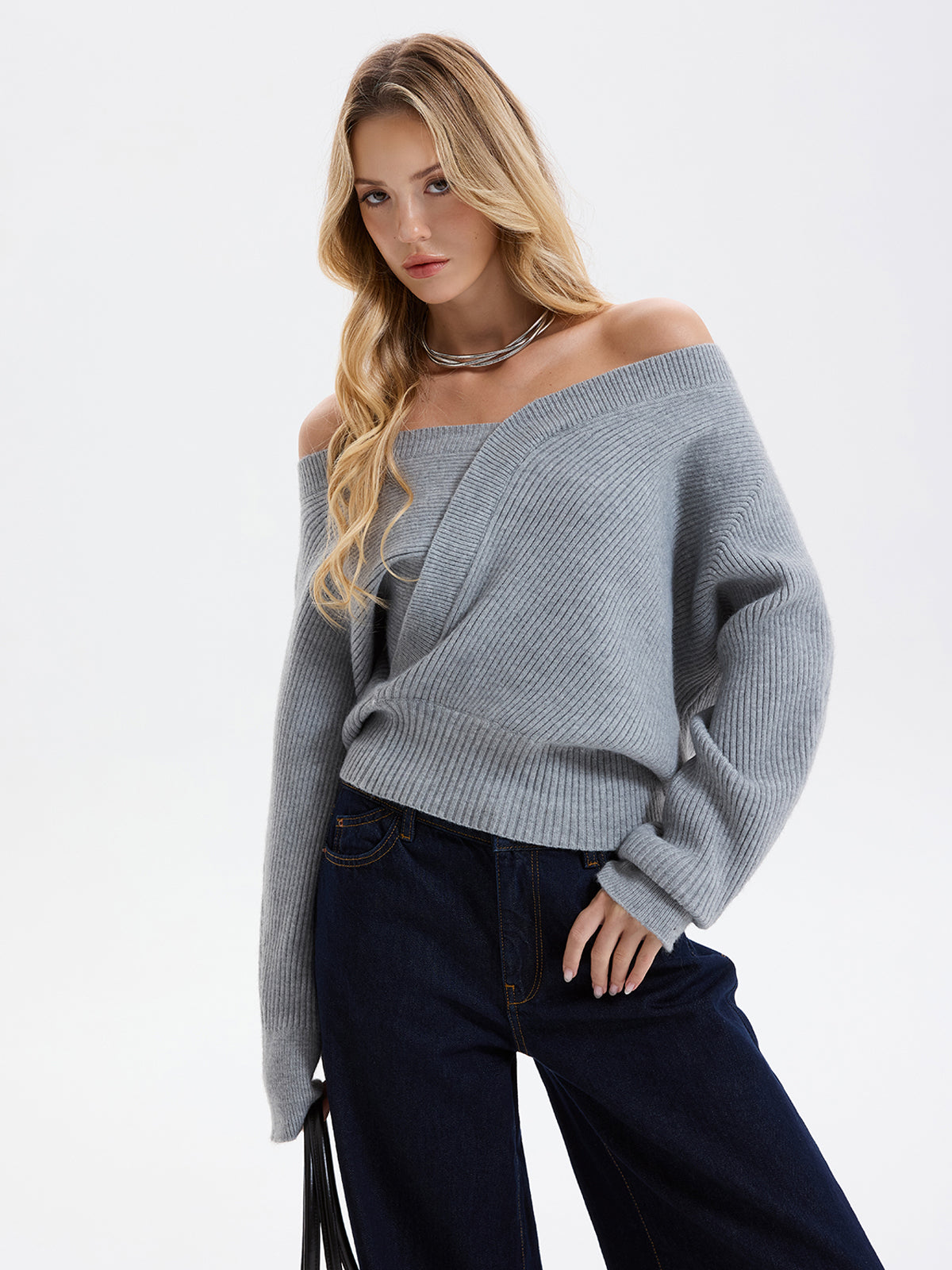 Asymmetric Off-Shoulder Ribbed Sweater Comfort Fit Cozy Knitwear