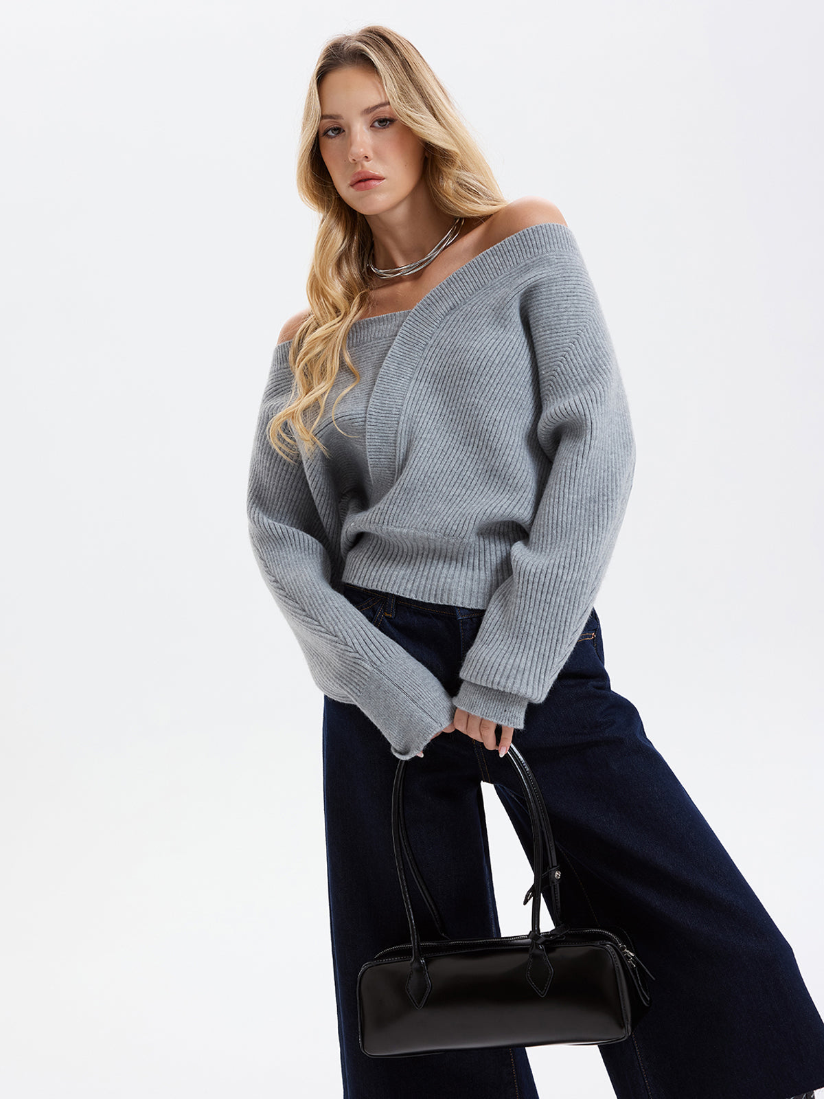 Asymmetric Off-Shoulder Ribbed Sweater Comfort Fit Cozy Knitwear