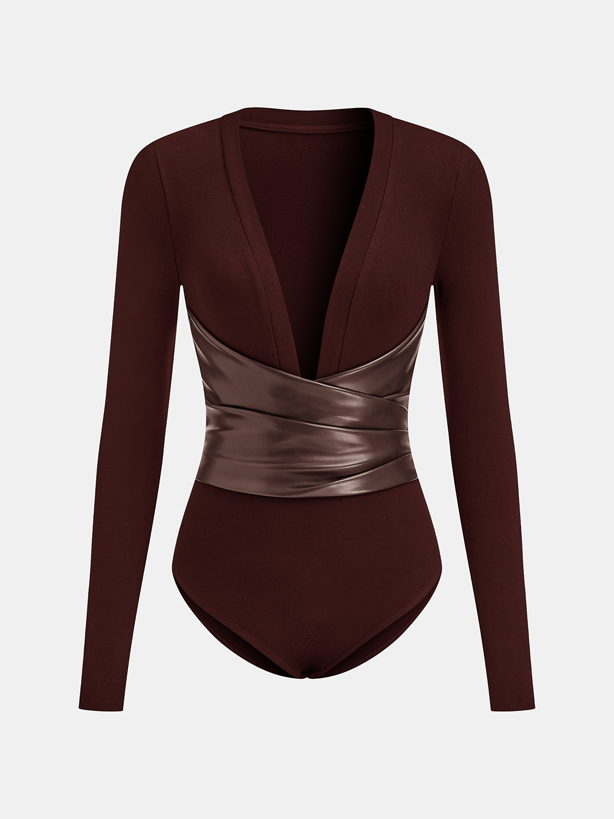 Faux Leather Wrap Waist V-Neck Bodysuit for Women, Trendy Fashion Essential