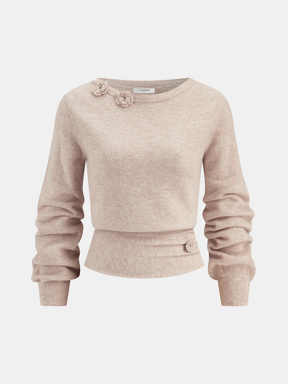 3D Floral Embellished Cinched-Waist Knit Top for Women, Elegant Casual Wear