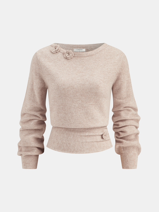3D Floral Embellished Cinched-Waist Knit Top for Women, Elegant Casual Wear