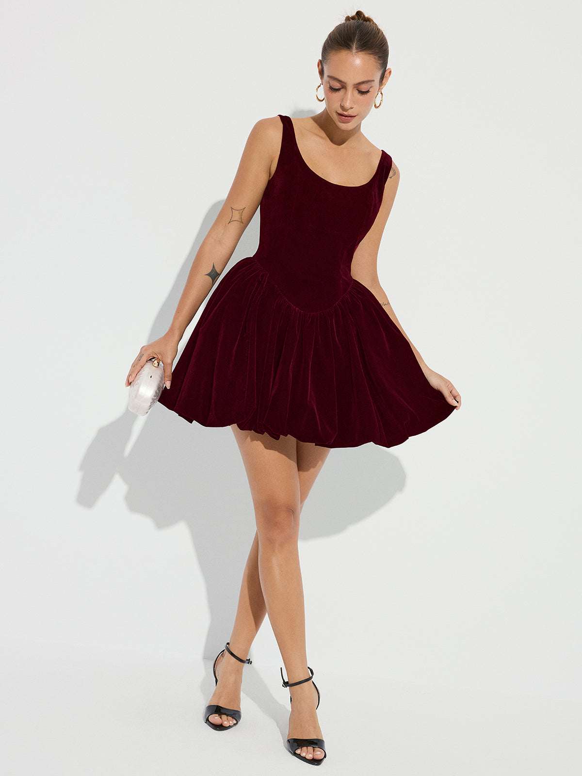 Bubble Hem Velvet Strappy Mini Dress with Adjustable Straps