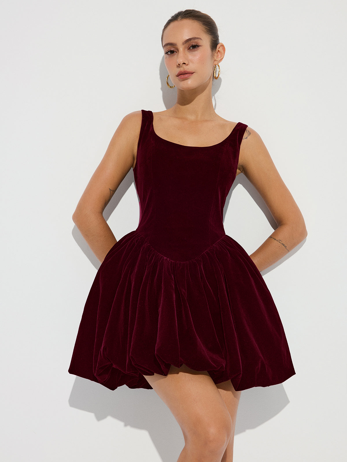 Bubble Hem Velvet Strappy Mini Dress with Adjustable Straps