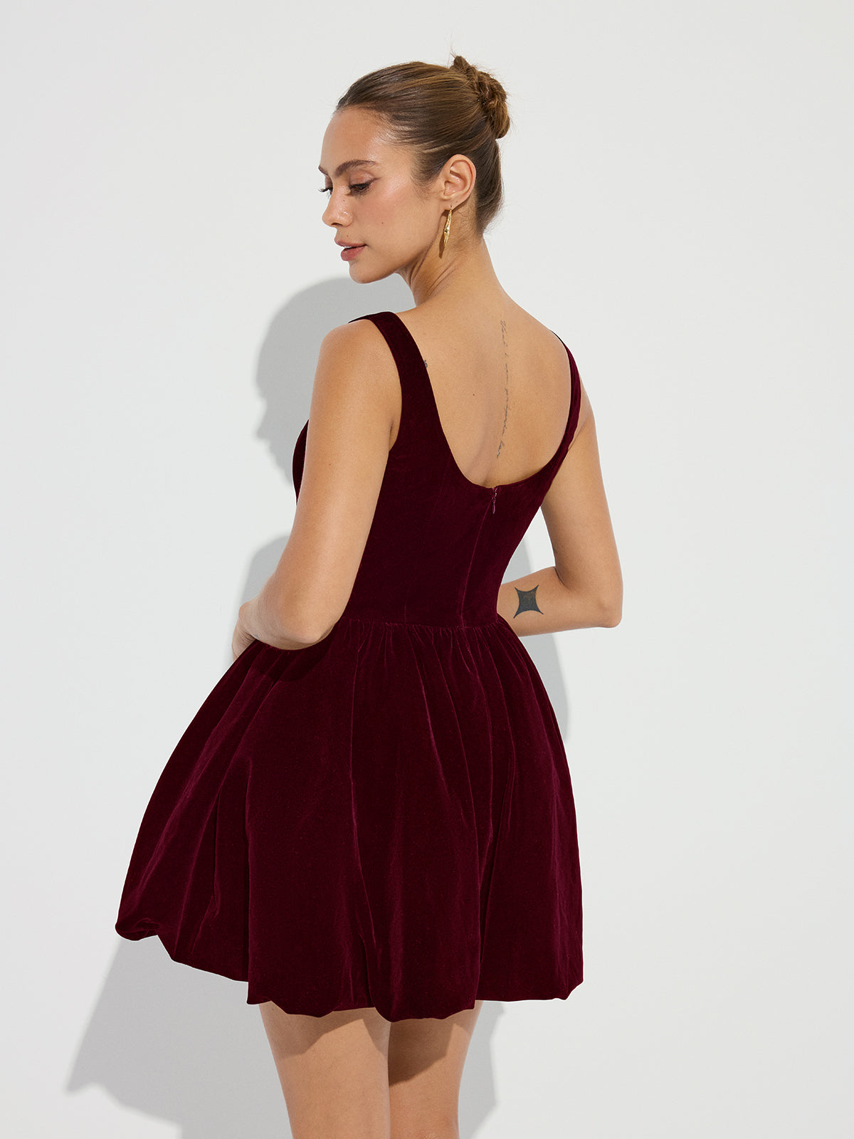 Bubble Hem Velvet Strappy Mini Dress with Adjustable Straps