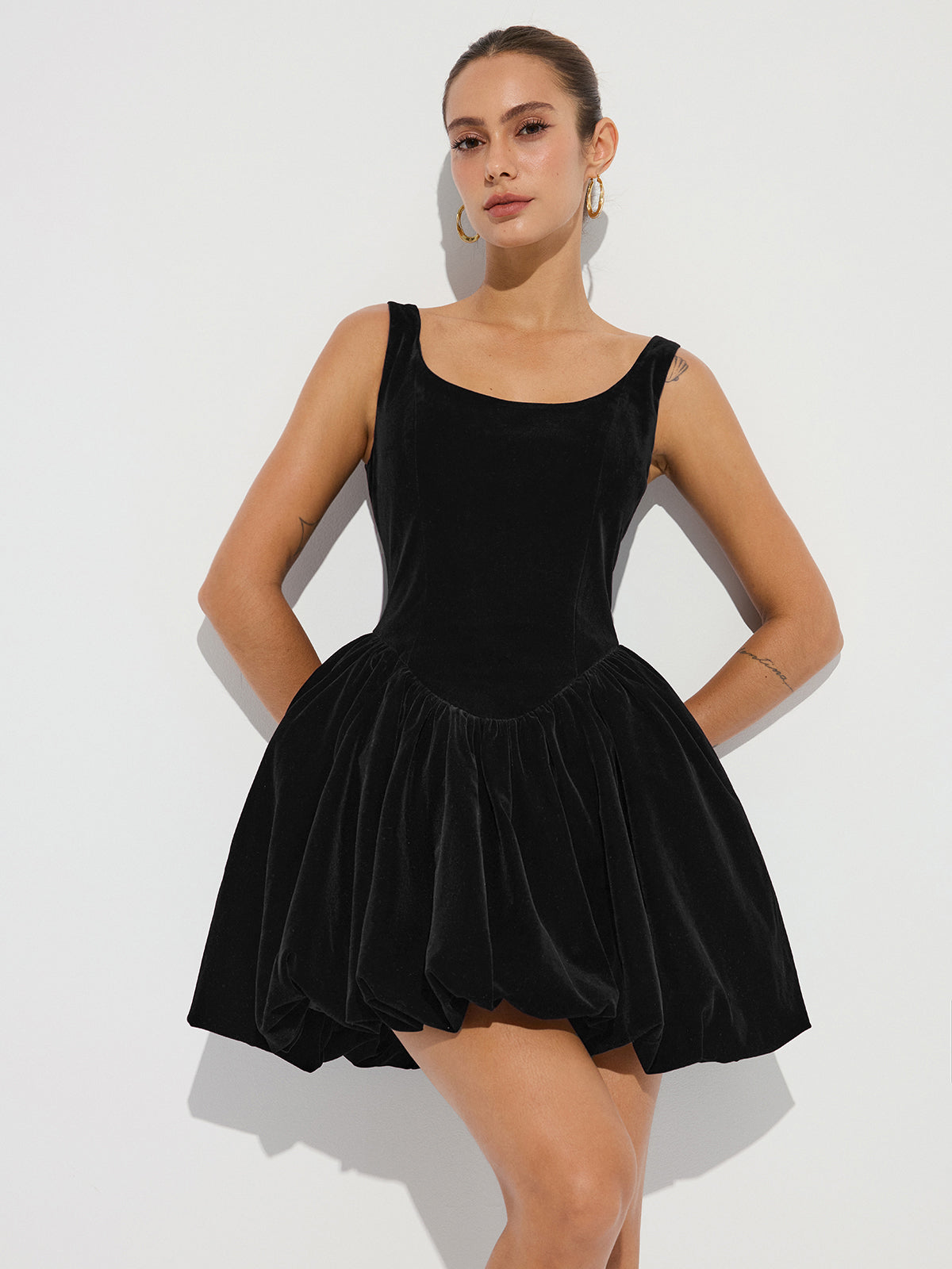 Bubble Hem Velvet Strappy Mini Dress with Adjustable Straps