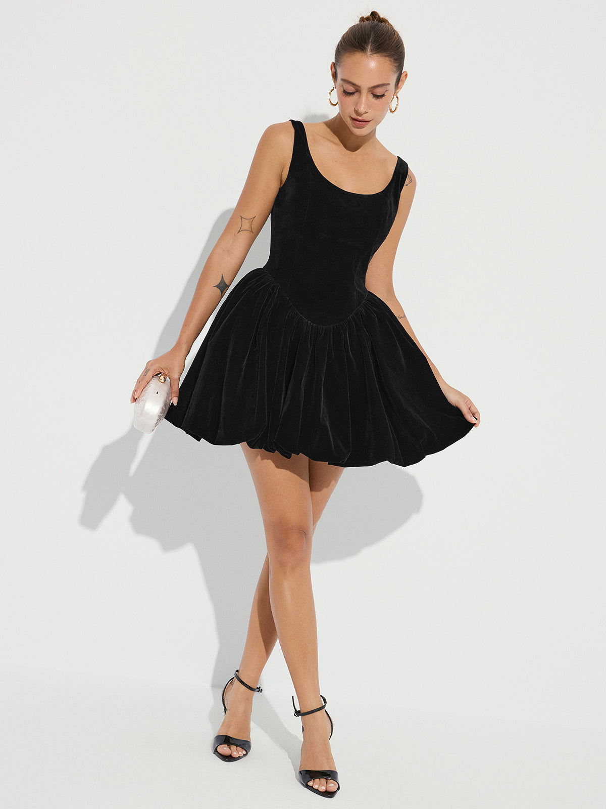 Bubble Hem Velvet Strappy Mini Dress with Adjustable Straps