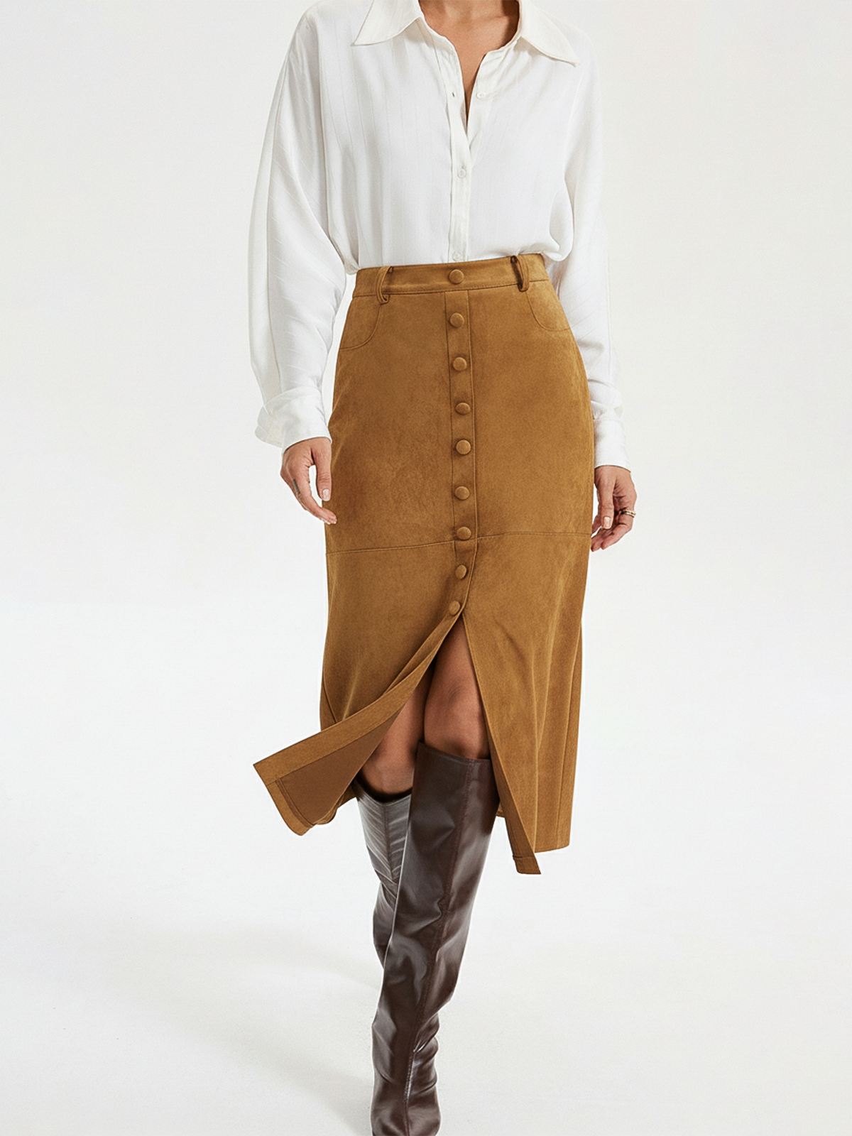 Decorative Button Suede Effect Slit Midi Skirt with High Waist Design
