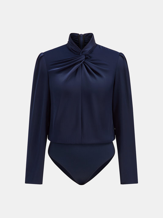 Twisted Mock Neck Long-Sleeve Satin Bodysuit, Elegant Women's Fashion Staple