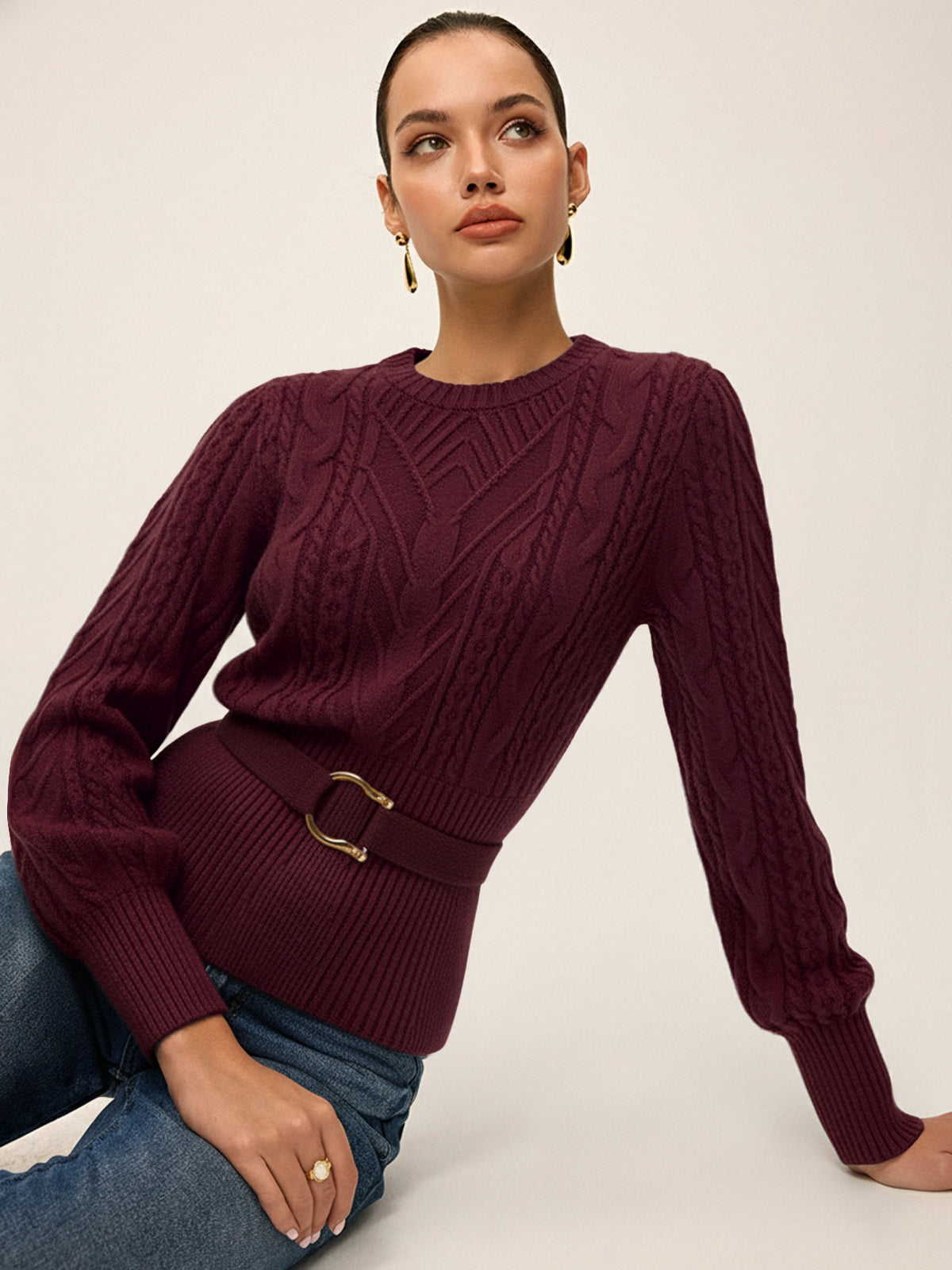 Cinched Waist Belted Cable Knit Top Women's Fashion Essential