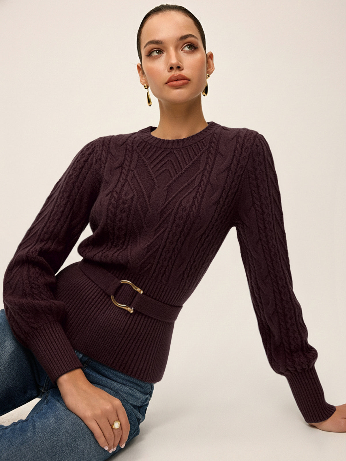 Cinched Waist Belted Cable Knit Top Women's Fashion Essential