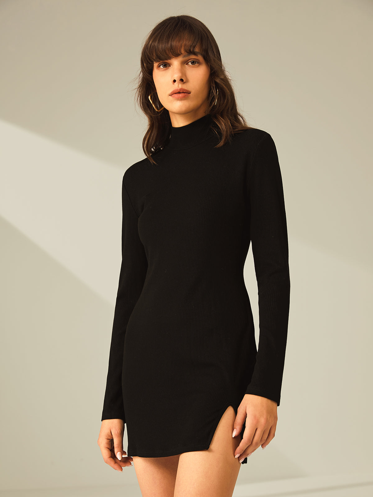 Turtleneck Long Sleeve Mini Dress with Slit, Ribbed Paneling, and Stretch Fit