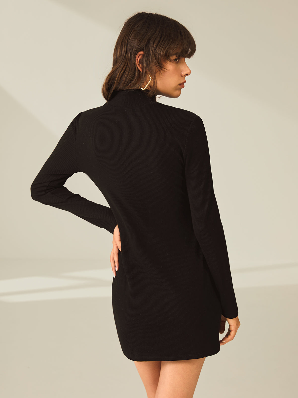 Turtleneck Long Sleeve Mini Dress with Slit, Ribbed Paneling, and Stretch Fit