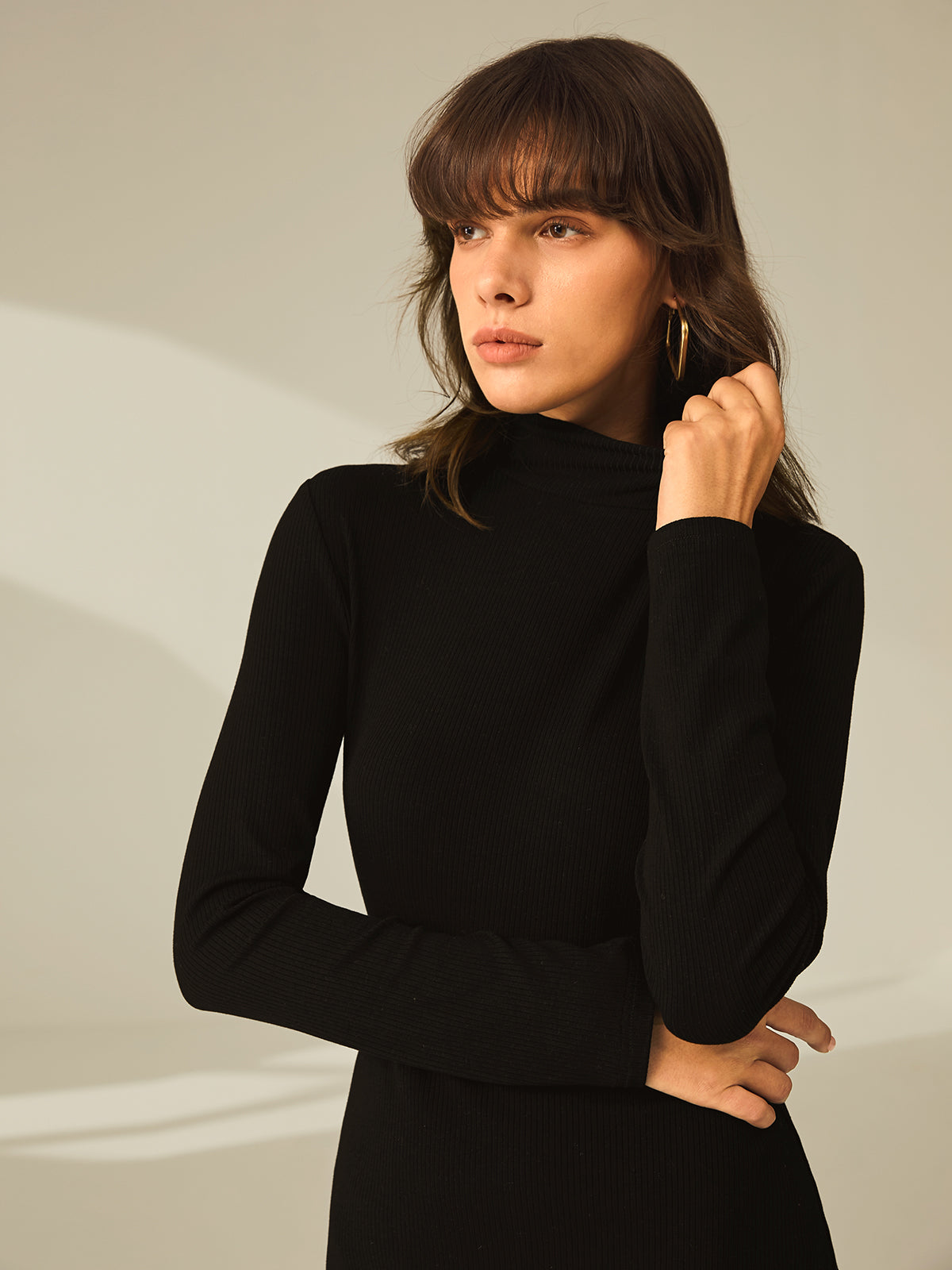 Turtleneck Long Sleeve Mini Dress with Slit, Ribbed Paneling, and Stretch Fit