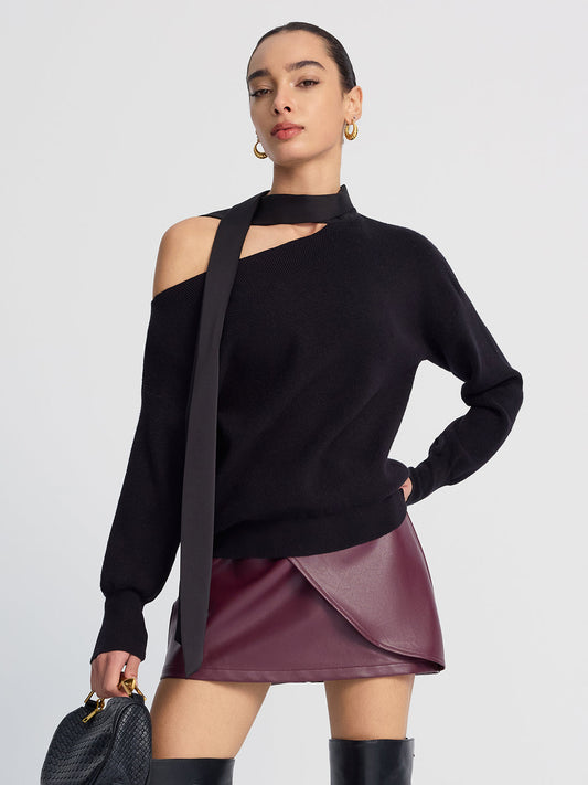 Tie-Detail Cold-Shoulder Knit Sweater for Women Cozy Winter Wear