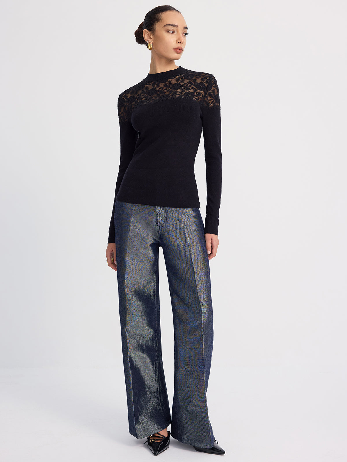 Sheer-Lace Paneled Knit Sweater for Women Cozy Fall Fashion