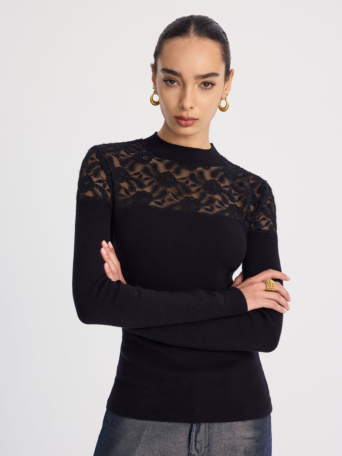 Sheer-Lace Paneled Knit Sweater for Women Cozy Fall Fashion