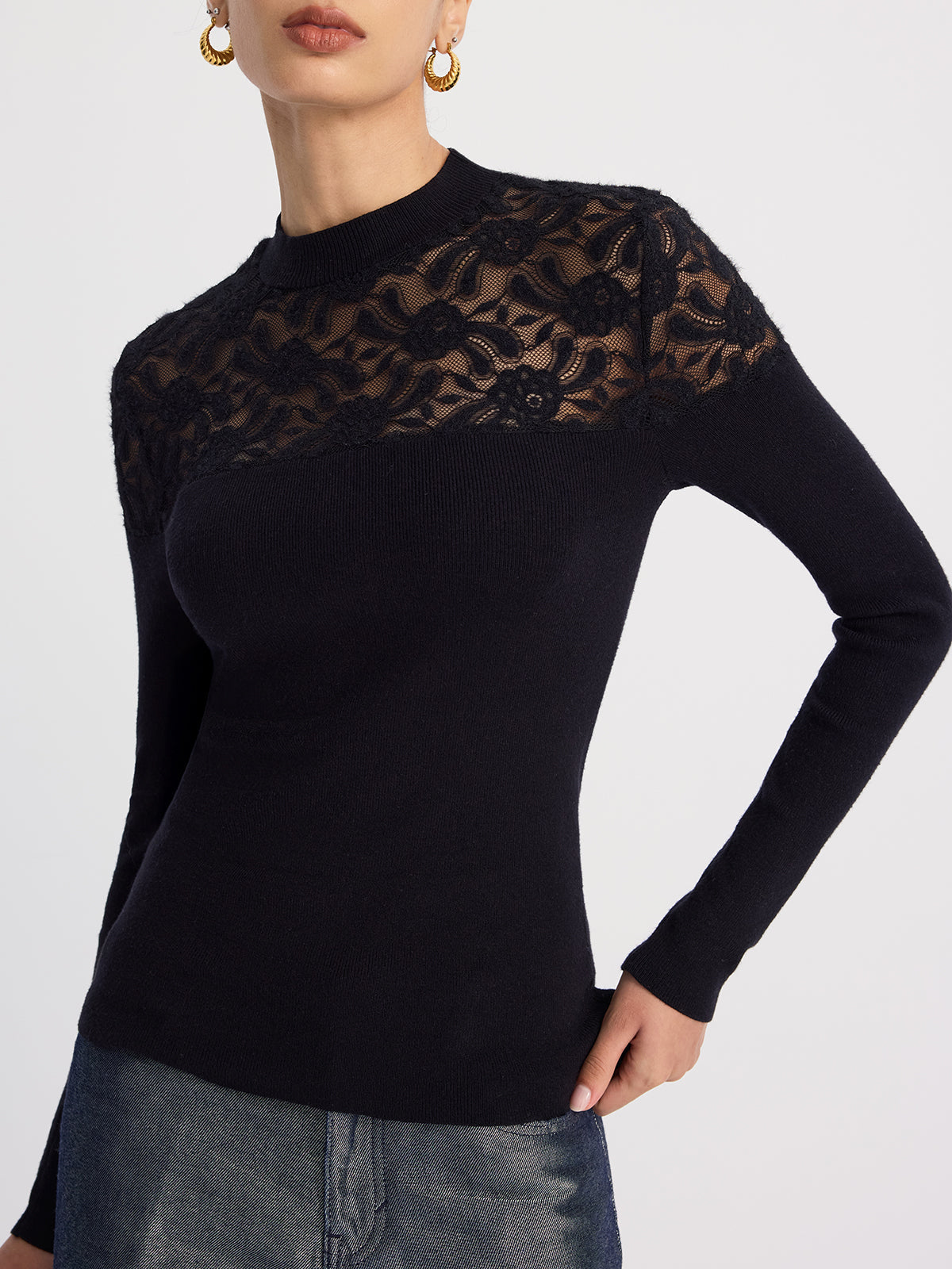 Sheer-Lace Paneled Knit Sweater for Women Cozy Fall Fashion