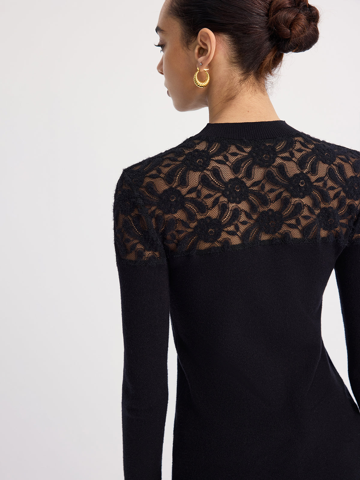 Sheer-Lace Paneled Knit Sweater for Women Cozy Fall Fashion
