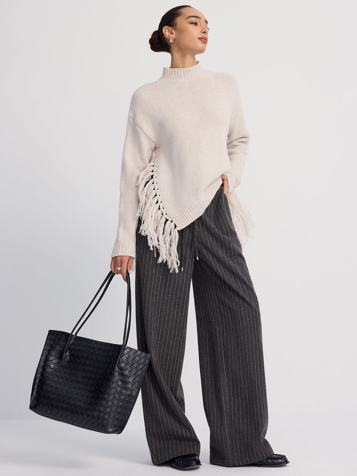 Oversized Fringe Mock-Neck Sweater for Women Cozy Winter Wear
