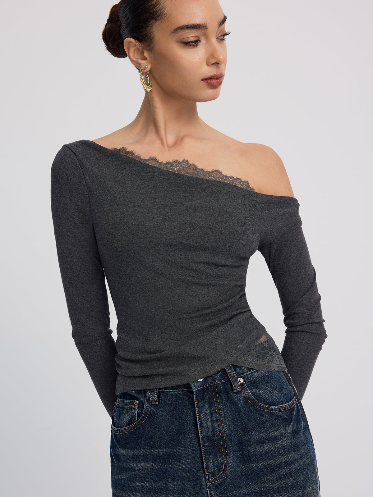Off-Shoulder Lace-Trim Long-Sleeve Top for Women Elegant Casual Wear