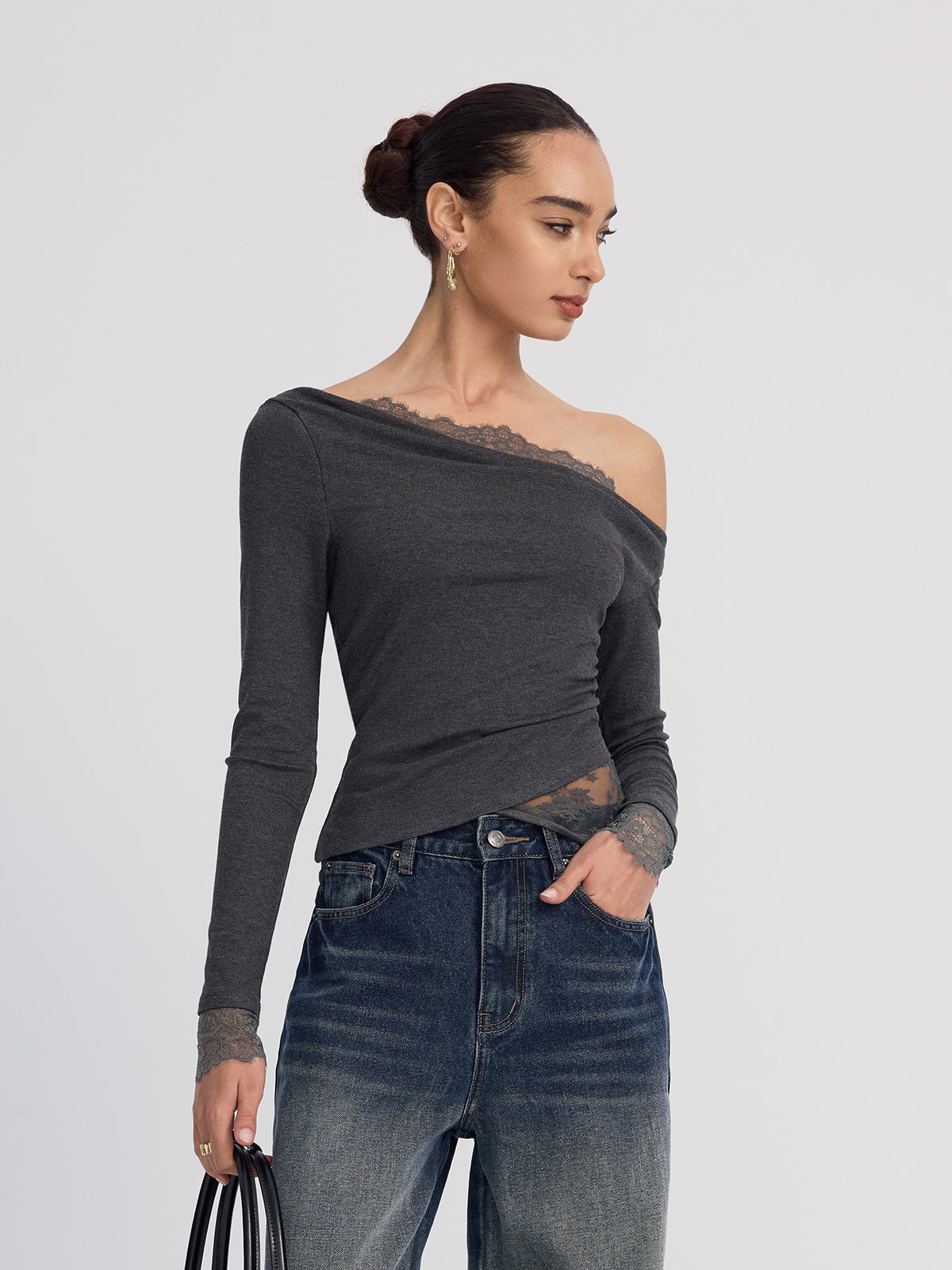 Off-Shoulder Lace-Trim Long-Sleeve Top for Women Elegant Casual Wear