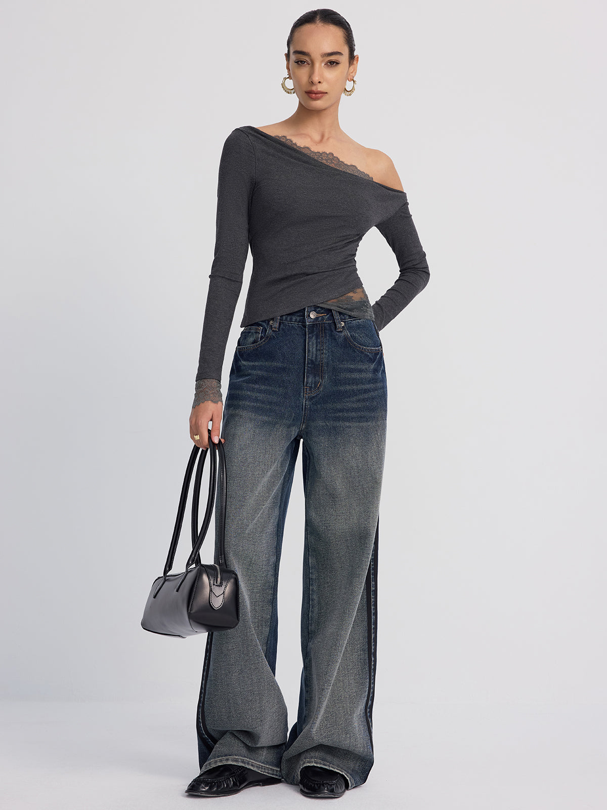 Off-Shoulder Lace-Trim Long-Sleeve Top for Women Elegant Casual Wear