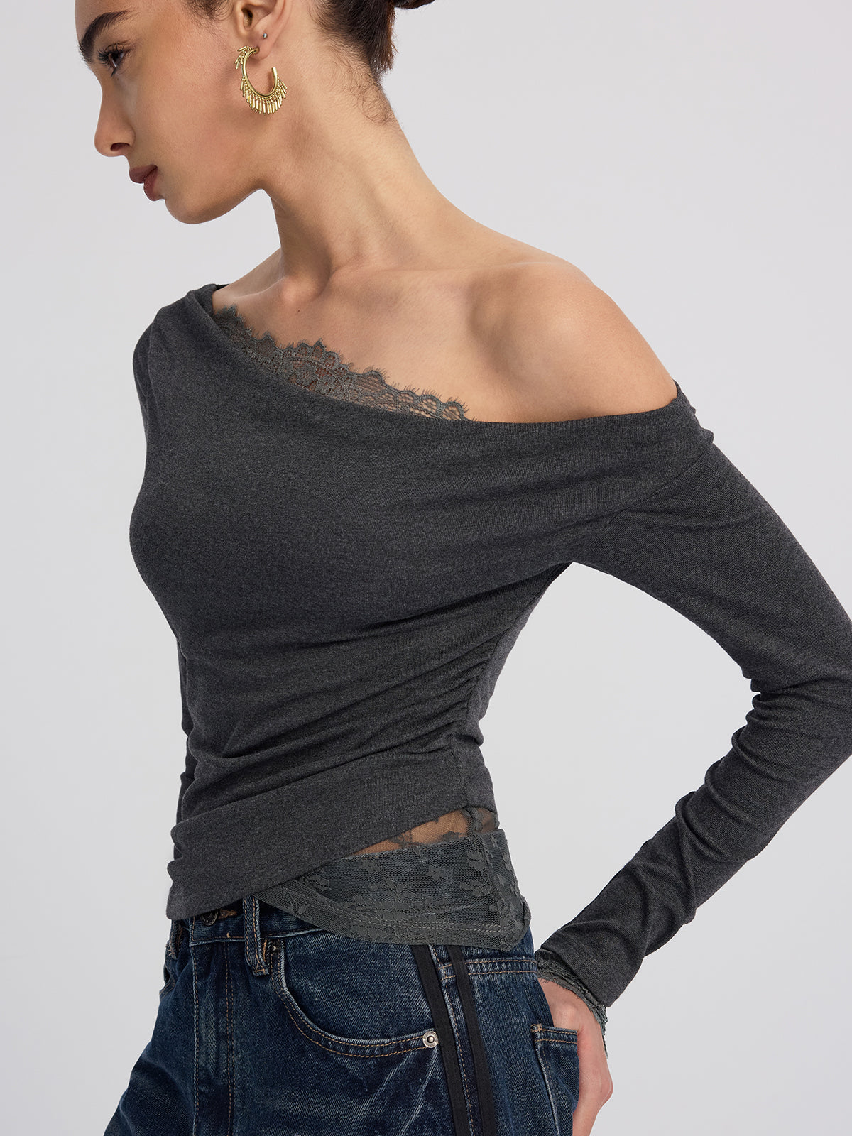 Off-Shoulder Lace-Trim Long-Sleeve Top for Women Elegant Casual Wear