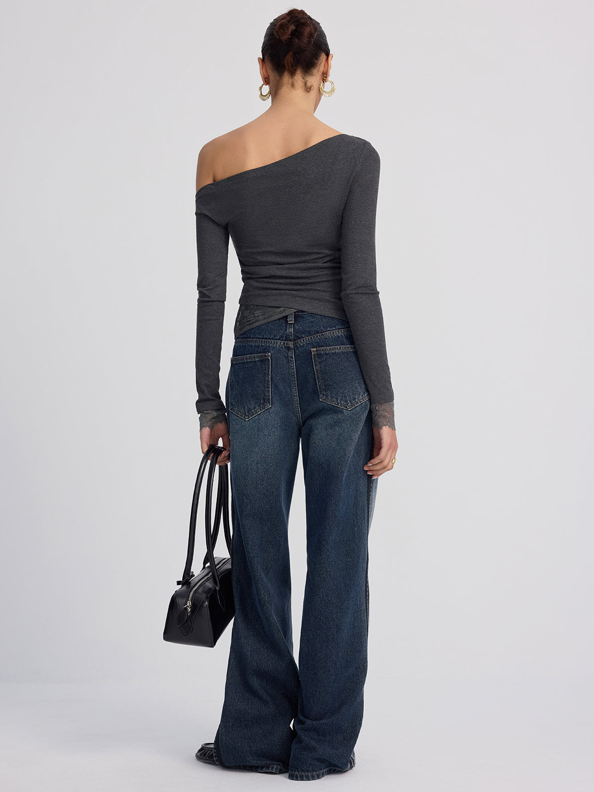 Off-Shoulder Lace-Trim Long-Sleeve Top for Women Elegant Casual Wear