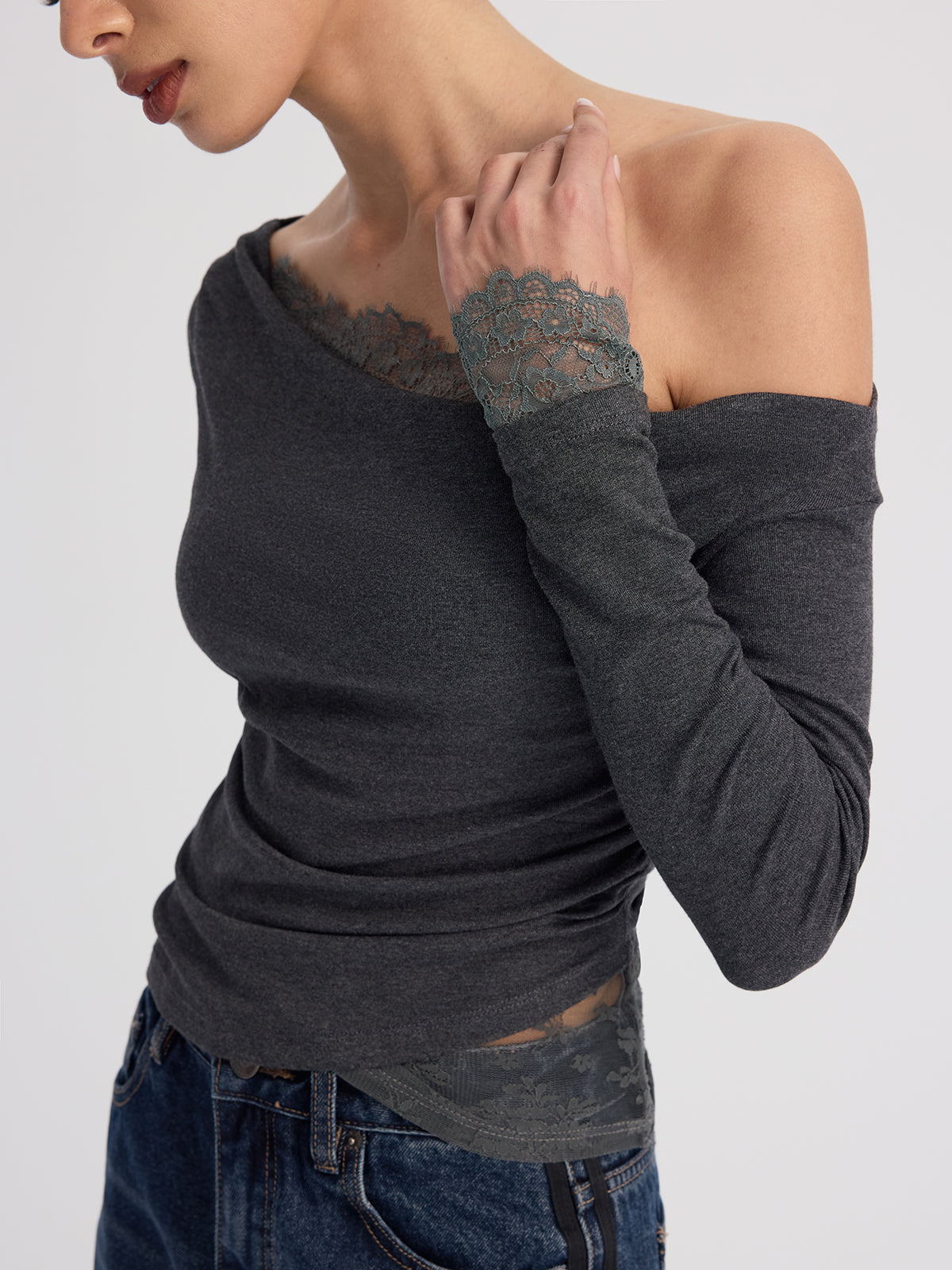 Off-Shoulder Lace-Trim Long-Sleeve Top for Women Elegant Casual Wear
