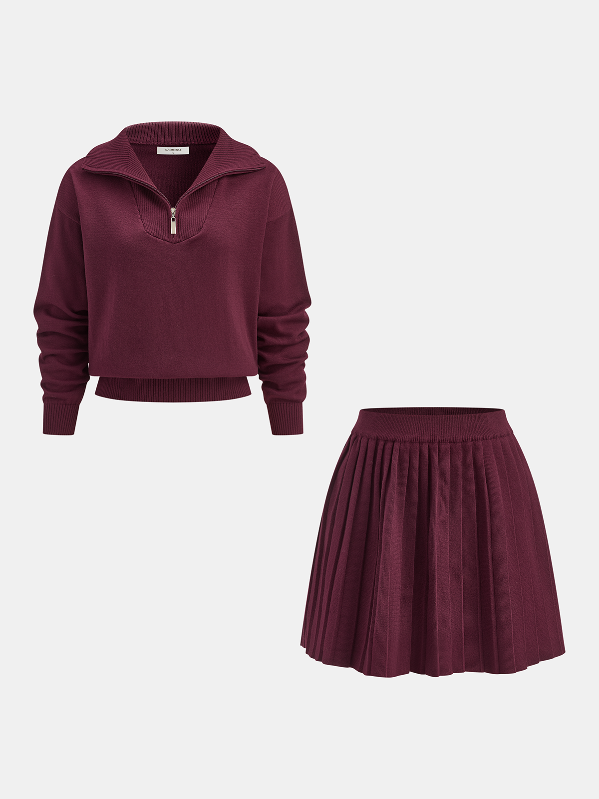 Half-Zip Knit Top & Pleated Skirt Set for Women, Casual Stylish Outfit