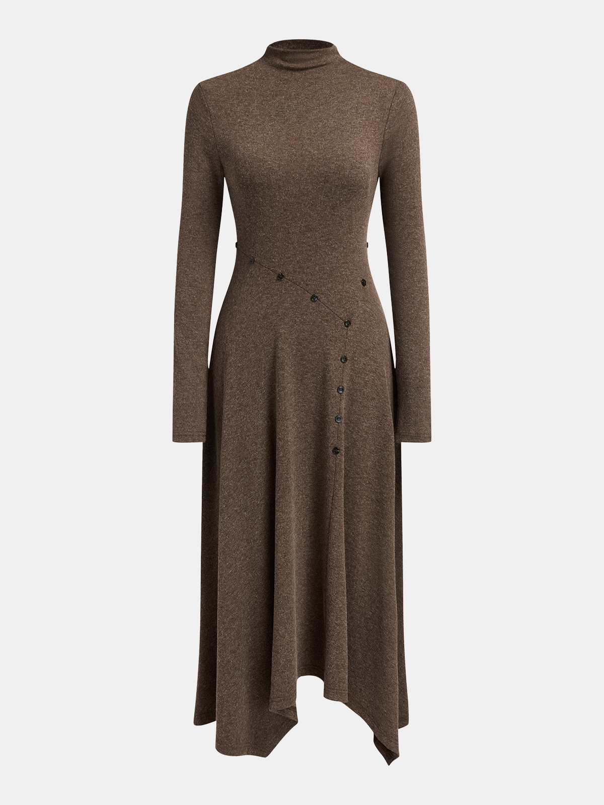Asymmetric Button-Detail Dress with Long Sleeves and Midi Length