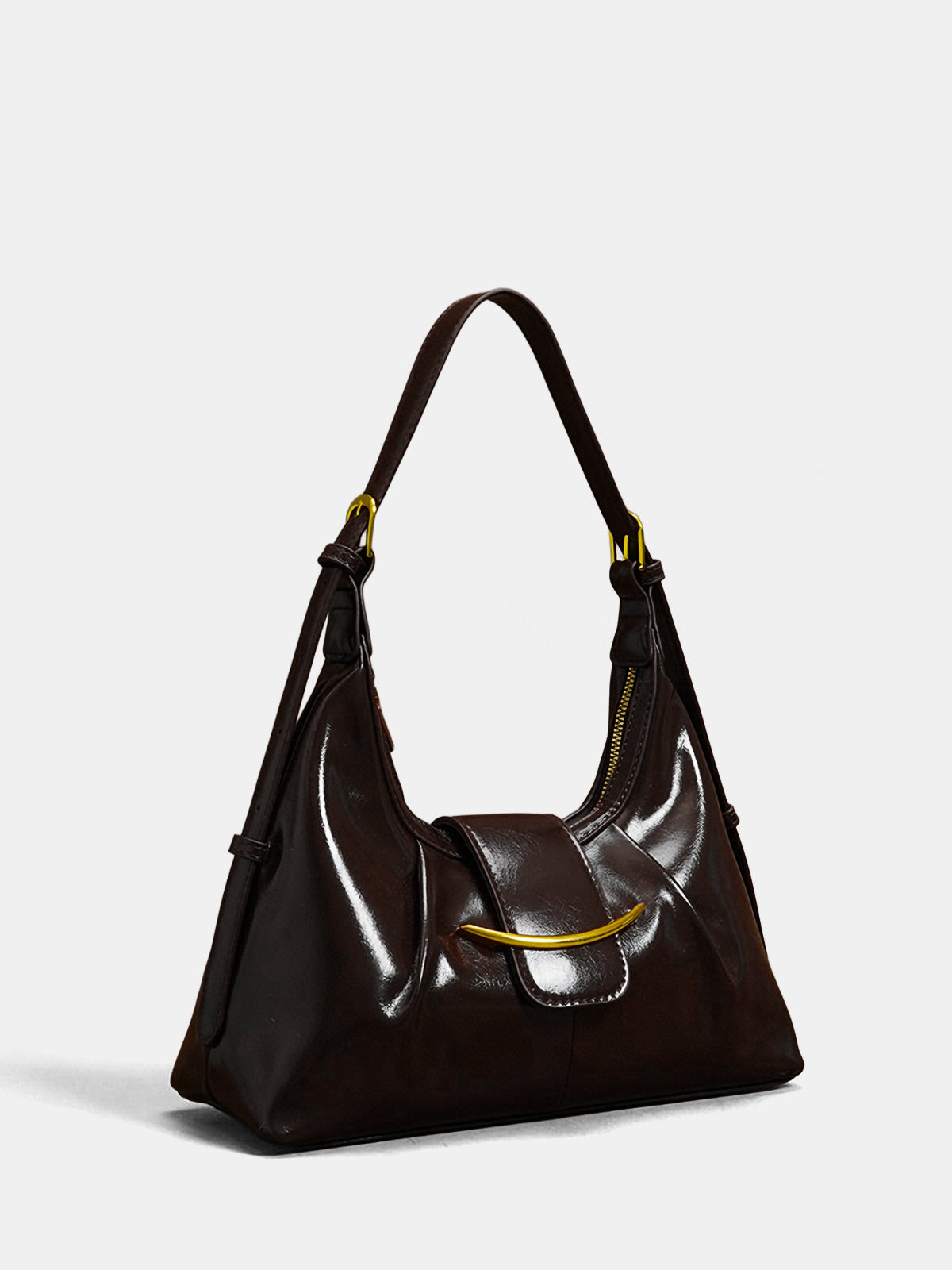 Patent Leather Hobo Bag with Gold Accents, Spacious Designer Handbag