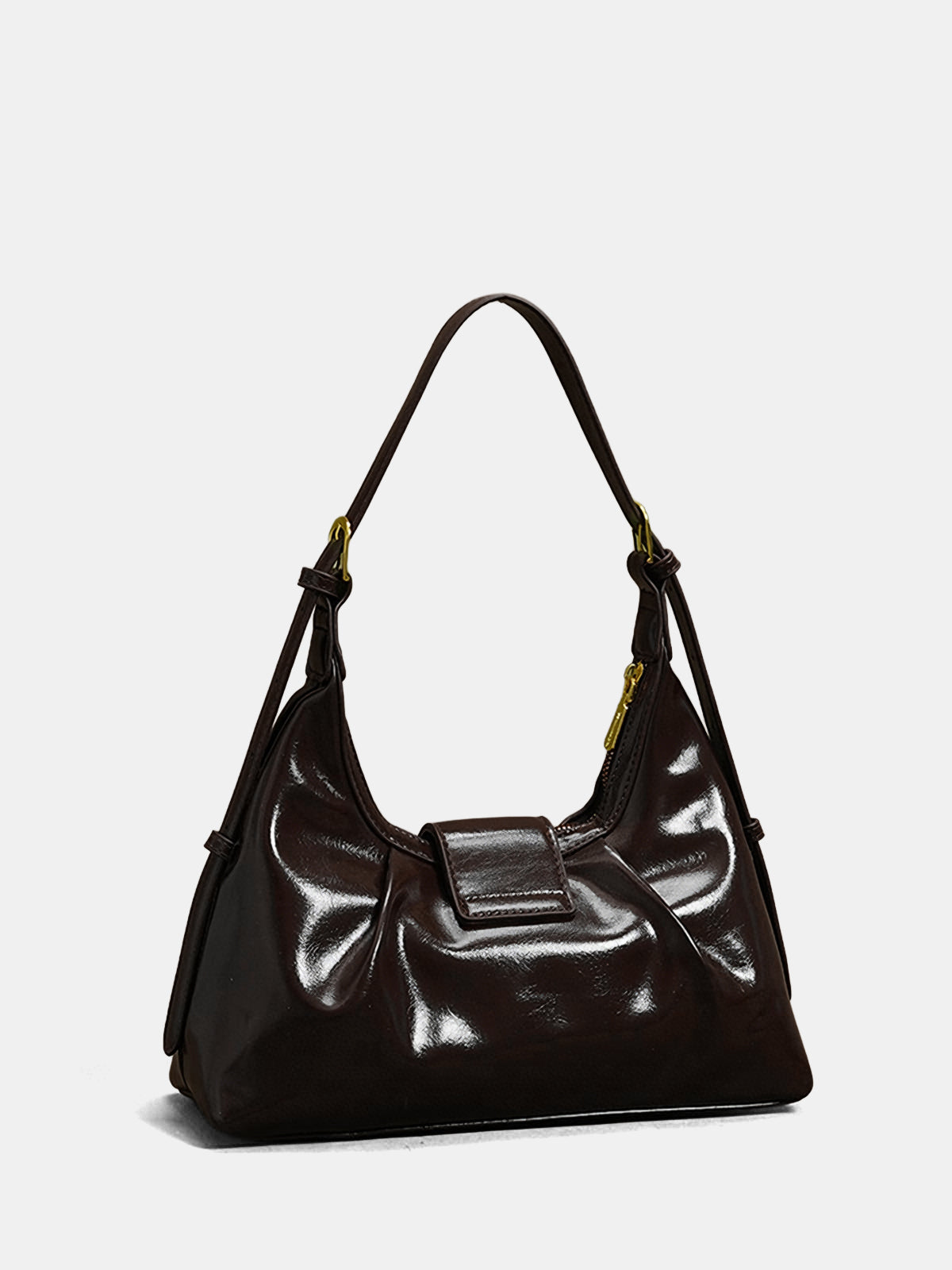 Patent Leather Hobo Bag with Gold Accents, Spacious Designer Handbag