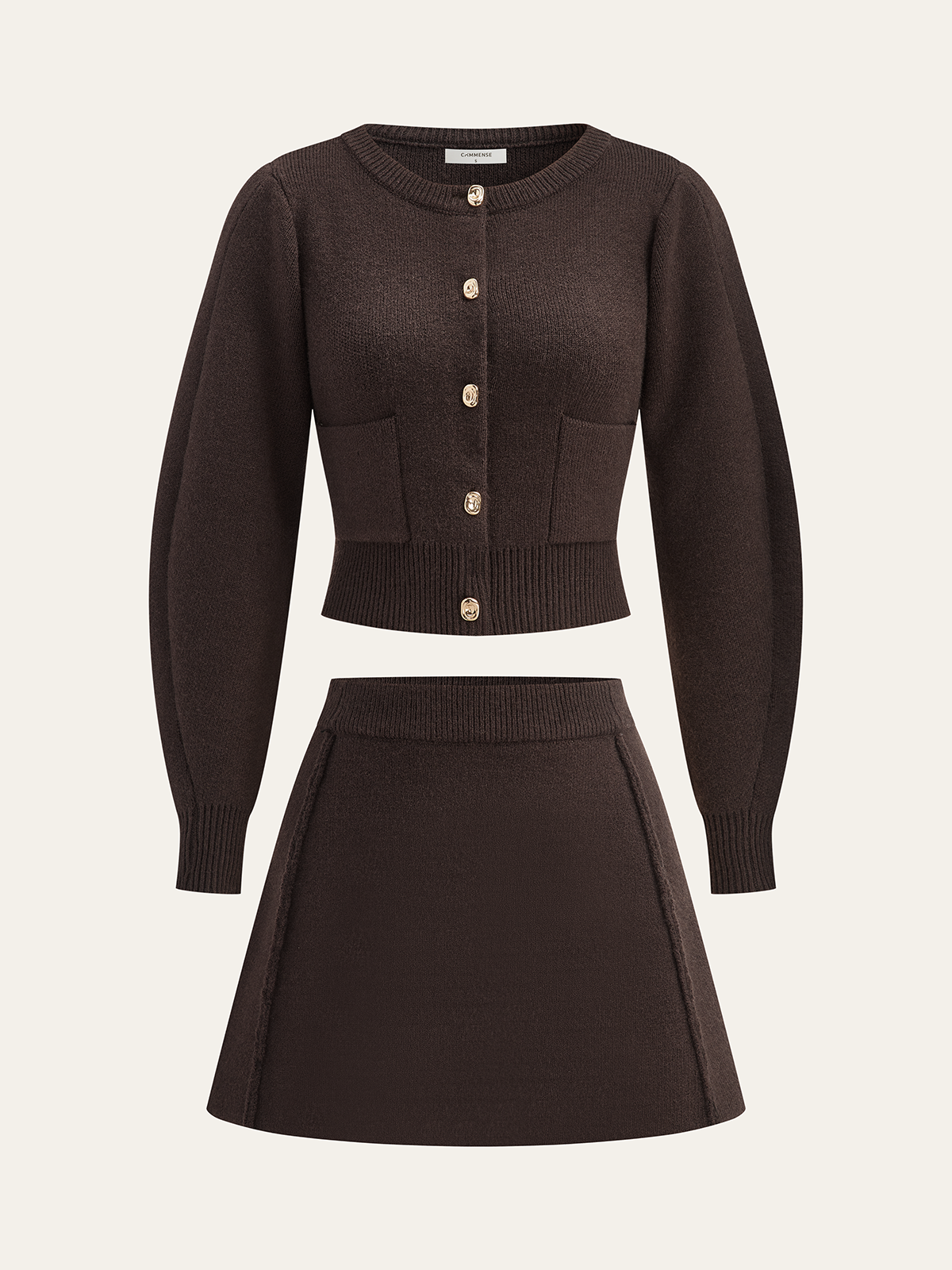 Lamb Sleeve Metal Button Knit Top and Skirt Set, Elegant Fashion Outfit for Women