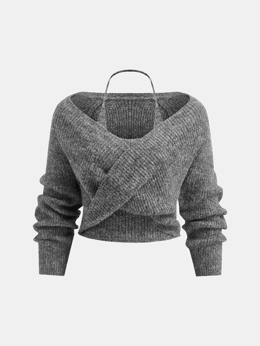 Wool-Blend Two-Piece Set Crossover Halter Knit Top with Trendy Design Details