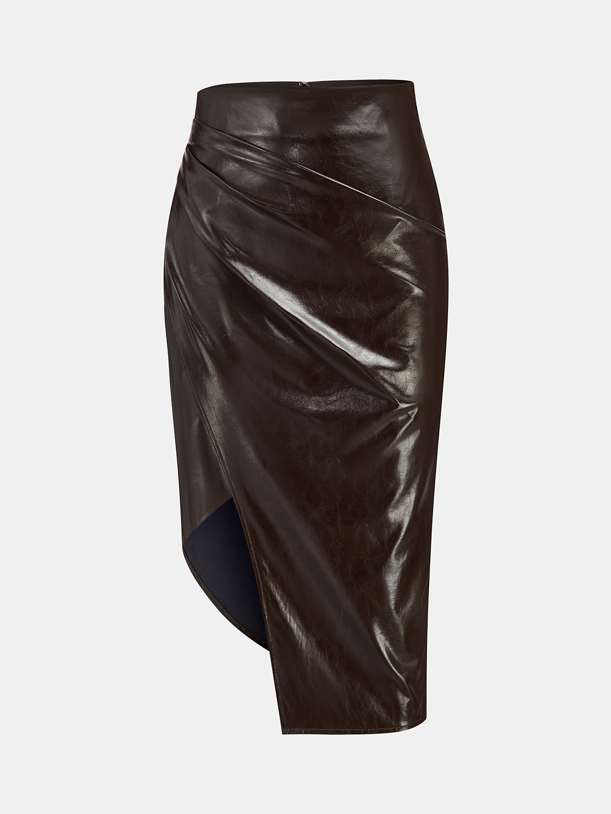Asymmetric Ruched Slit Faux Leather Midi Skirt - Trendy High Waist Design