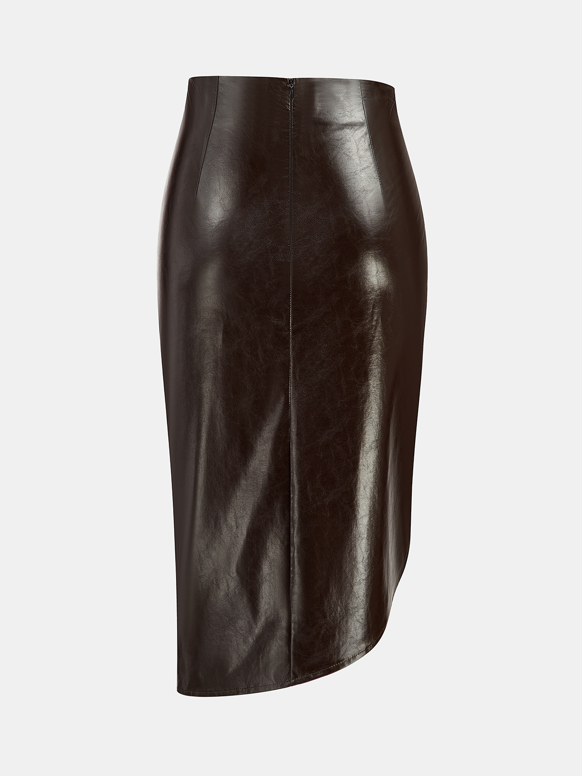 Asymmetric Ruched Slit Faux Leather Midi Skirt - Trendy High Waist Design