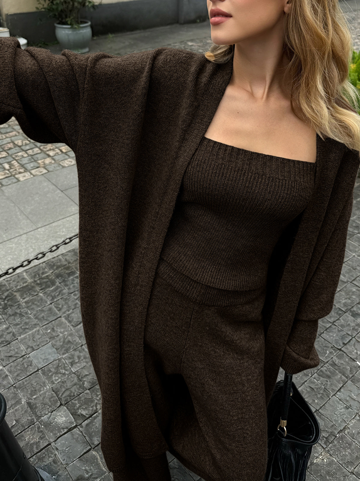 Three-Piece Knit Bustier Cardigan Pants Set for Women Comfort Fit