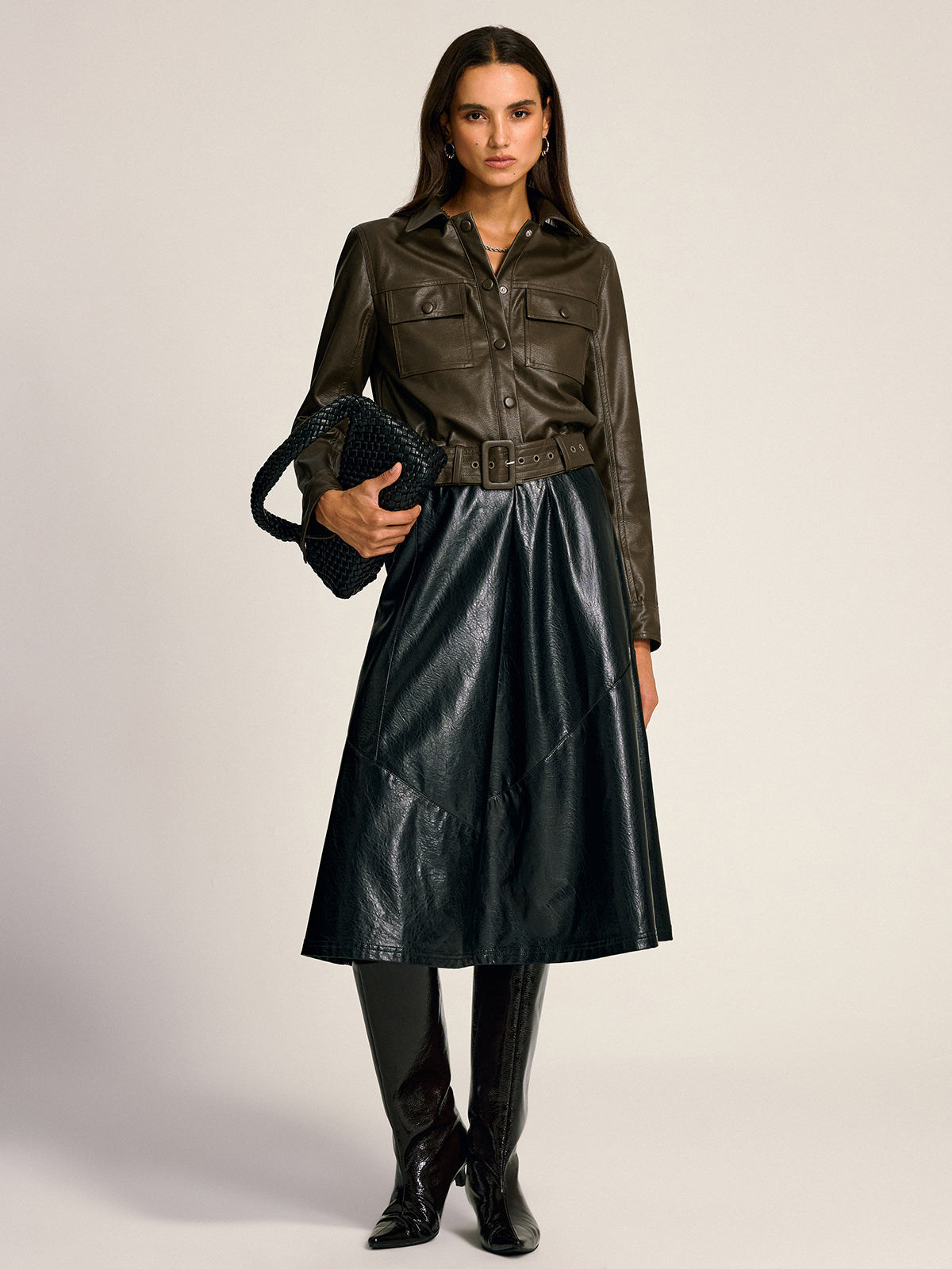 Belted PU Leather Cargo Shirt Jacket Trendy Functional Outerwear