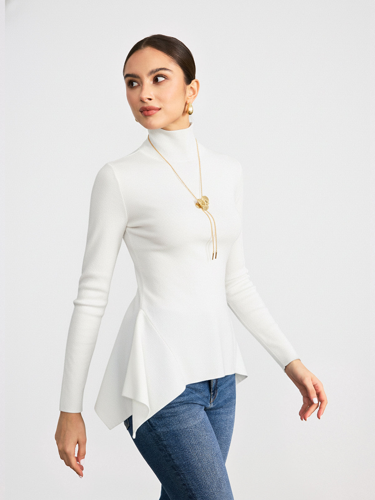 Turtleneck Asymmetric Peplum Sweater for Women, Elegant Winter Knitwear