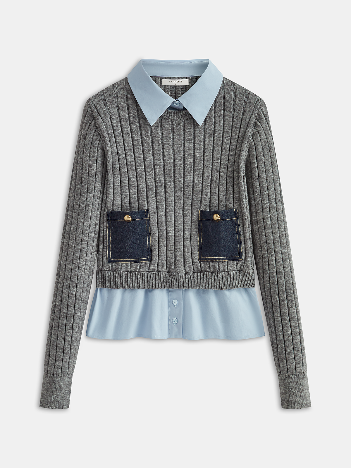 2 in 1 Denim Pocket Collared Rib-Knit Top Versatile Casual Wear
