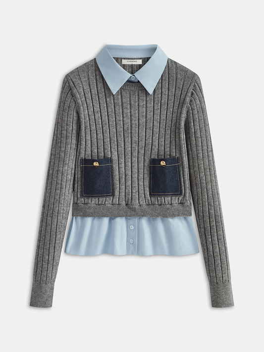 2 in 1 Denim Pocket Collared Rib-Knit Top Versatile Casual Wear