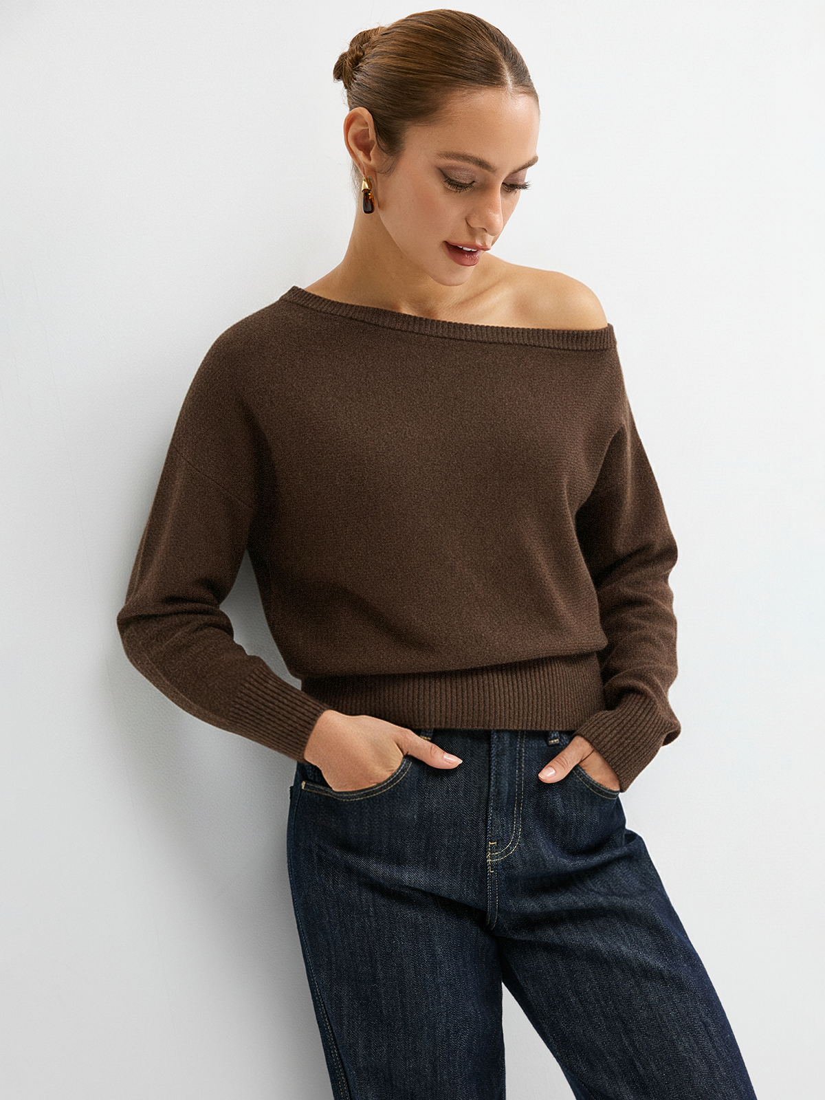 Off-Shoulder Knit Sweater for Women, Cozy Winter Casual Pullover