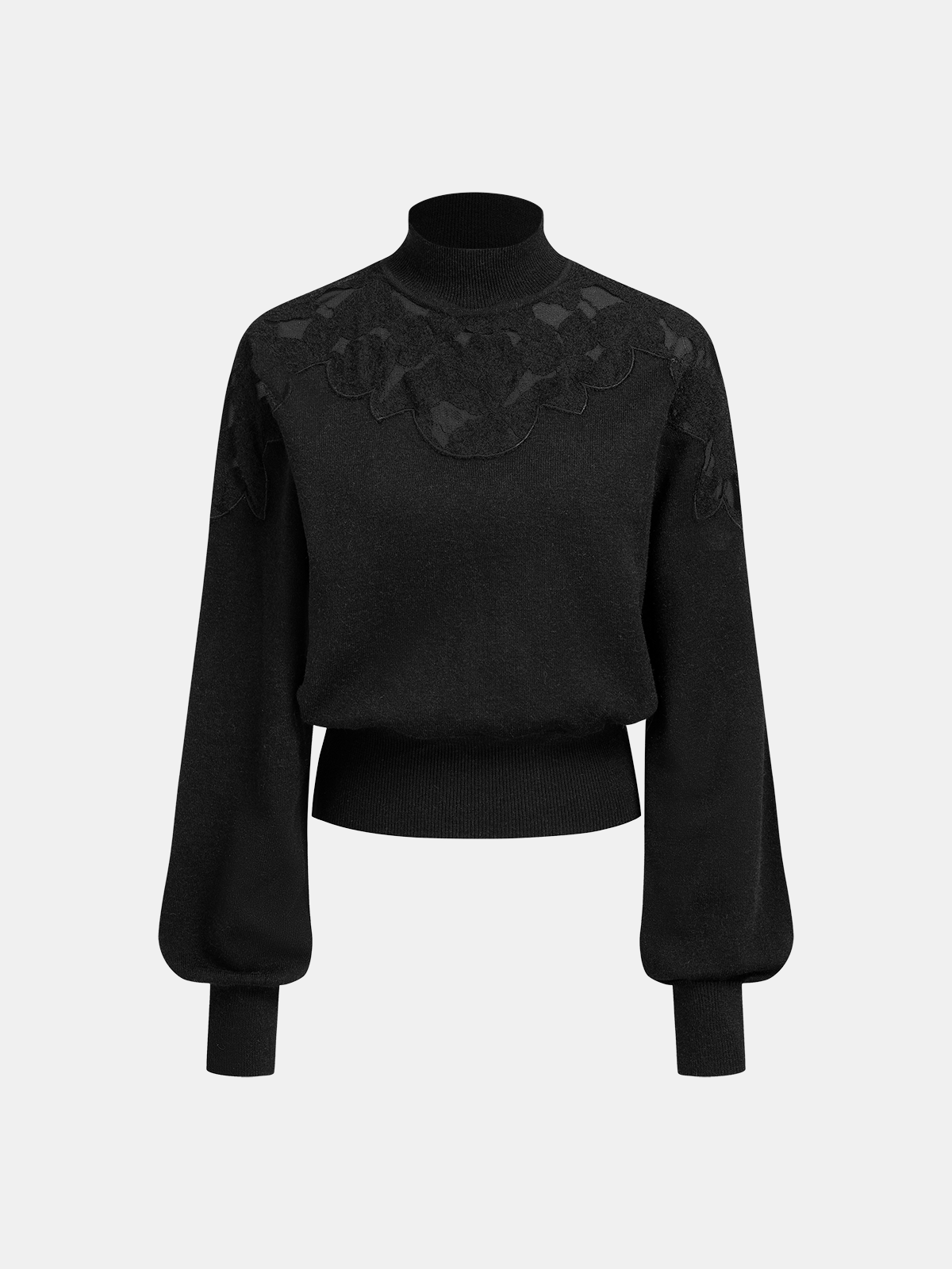 Mock Neck Lace Panel Sweater with Elegant Long Sleeves