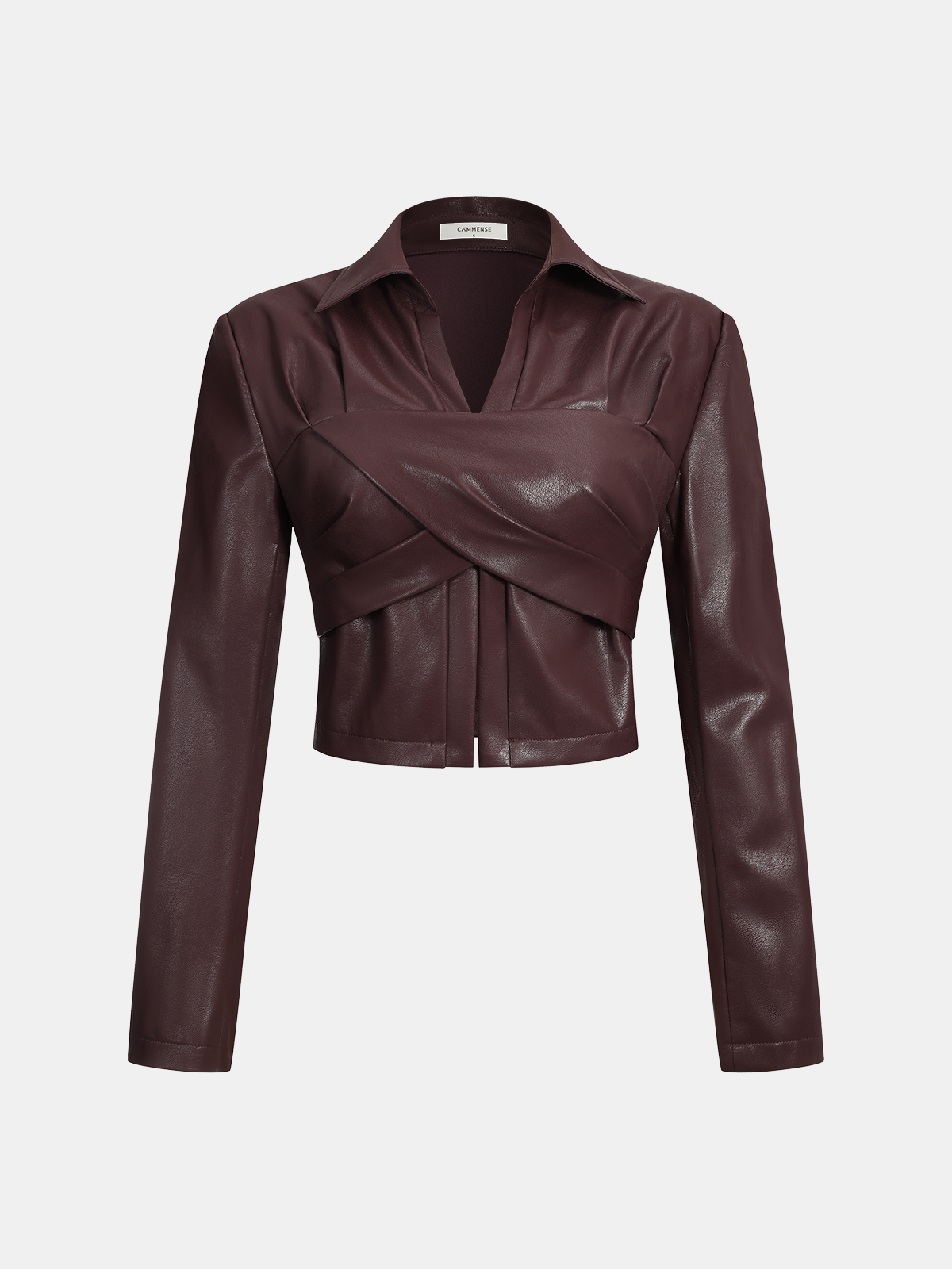 Collared Faux Leather Cropped Cross-Front Top Stylish Modern Women's Fashion