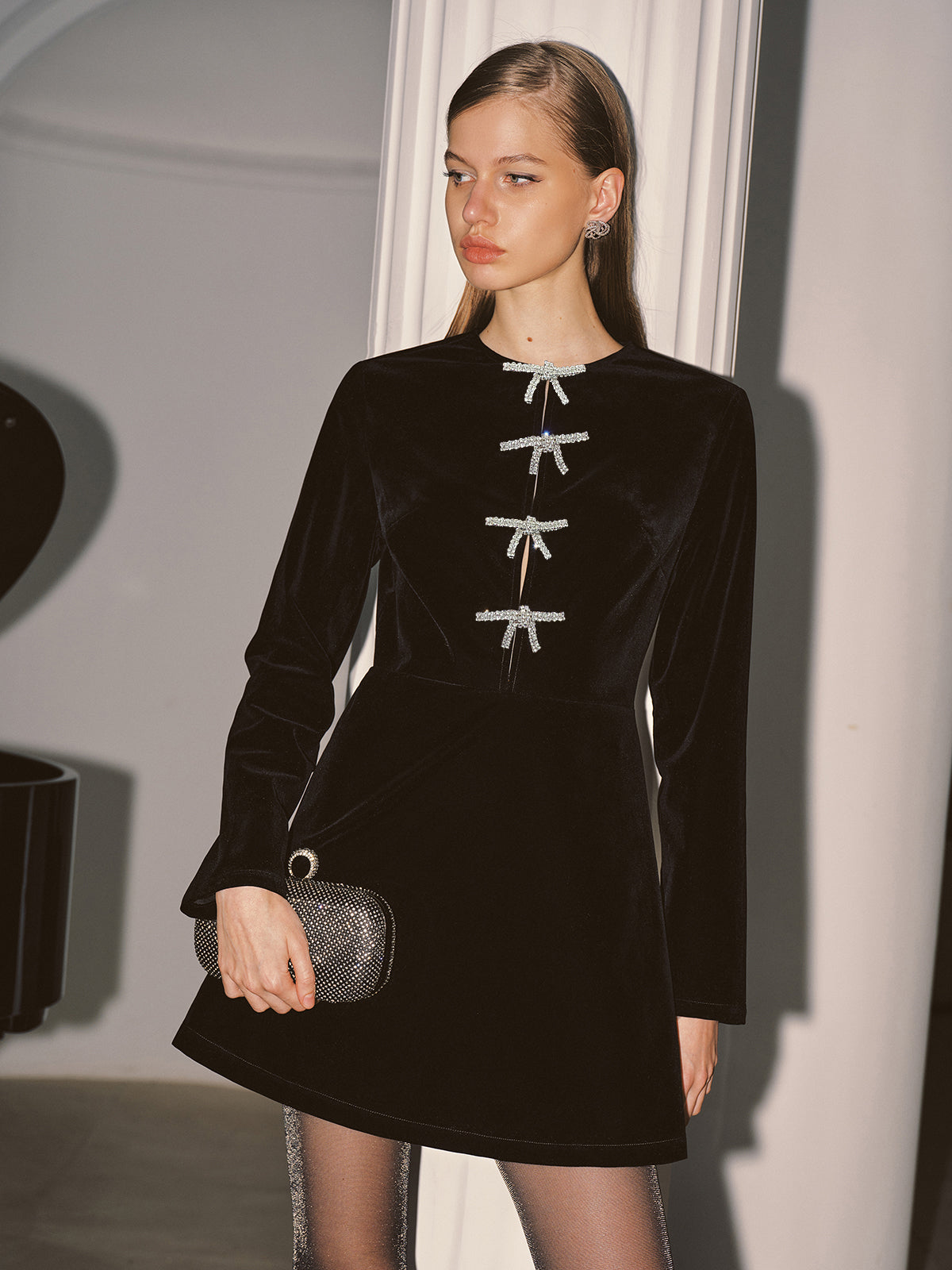 Crystal Bow Detail Velvet Mini Dress with Elegant Back Zip Closure