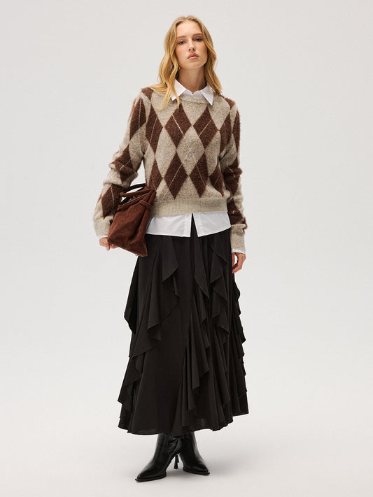 Argyle Pattern Wool Blend Fuzzy Sweater Cozy Winter Knitwear